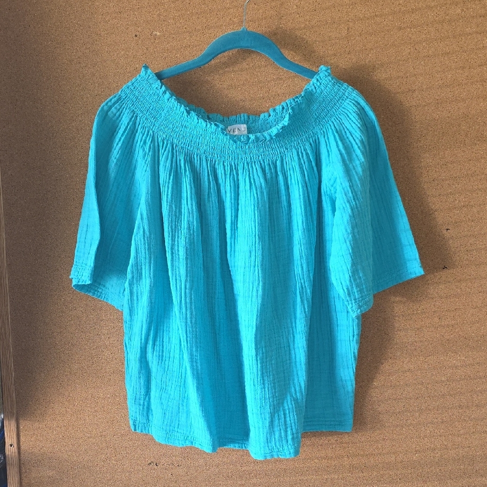 Organic Cotton Venus Women’s XL Smocked Teal Blue Top Summer Casual Flowy